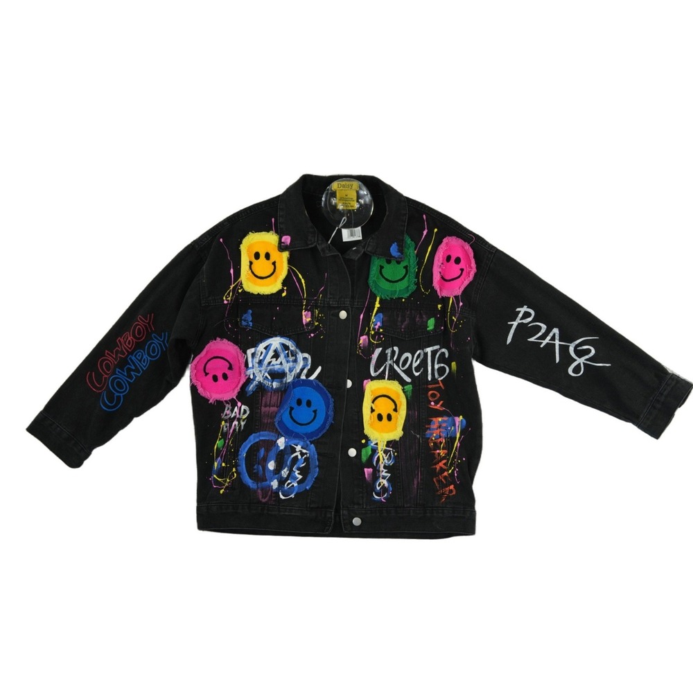 Daisy Denim Jacket Men's Size Medium Black Graffiti Paint Splatter Y2K 80s
